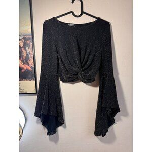 Black & Gold Sparkly Fashion Nova Funky Disco Knot Cropped Top with Bell Sleeves